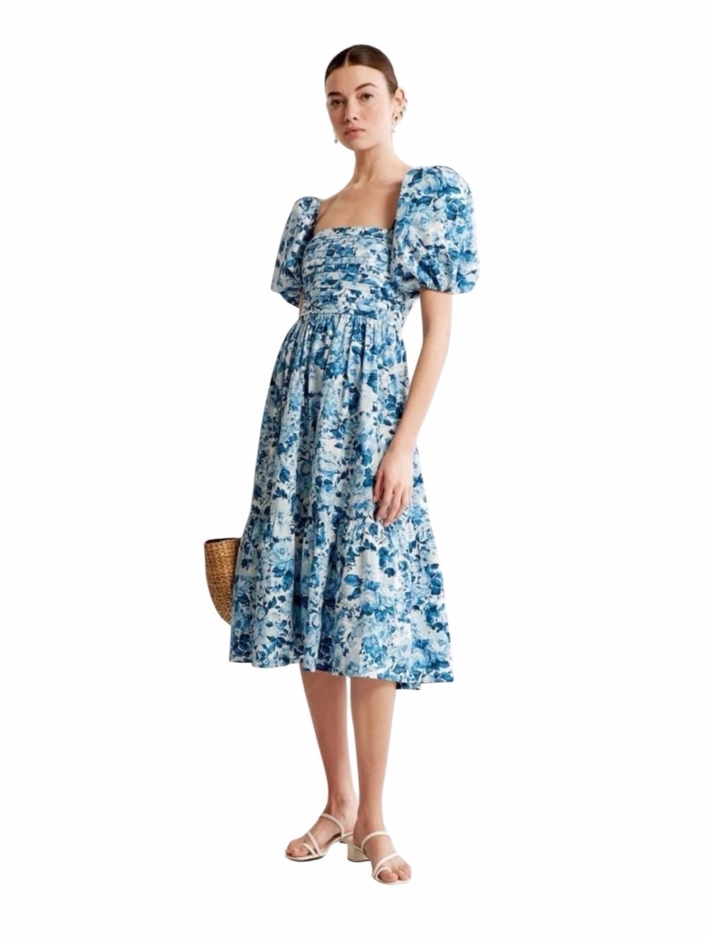 Abercrombie - Emerson Poplin Puff Sleeve Midi Dress Blue Floral Sz XSP